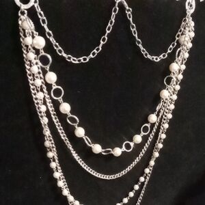 Elegant Silver & Pearl Multi-Layered Chain  Necklace. 24 In To 36 In Long .